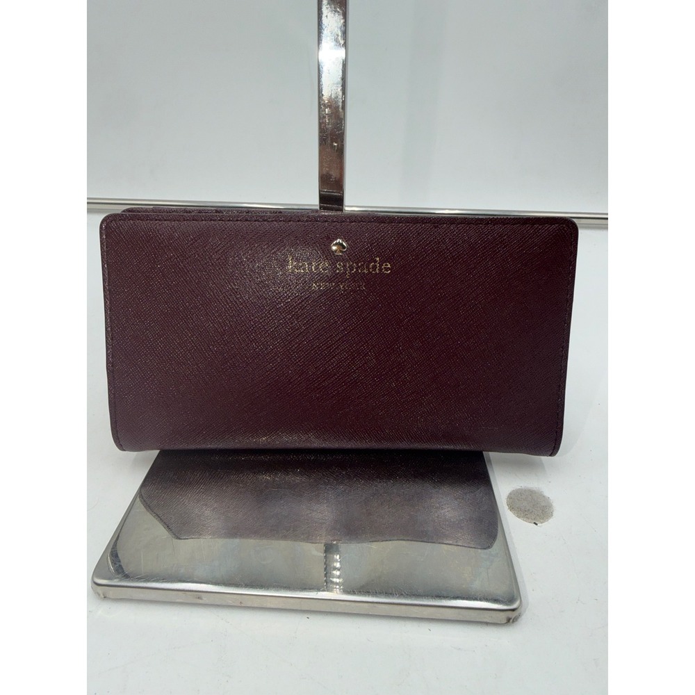 Kate Spade New York Burgundy Saffiano Leather Bifold Wallet Polka Dot Interior